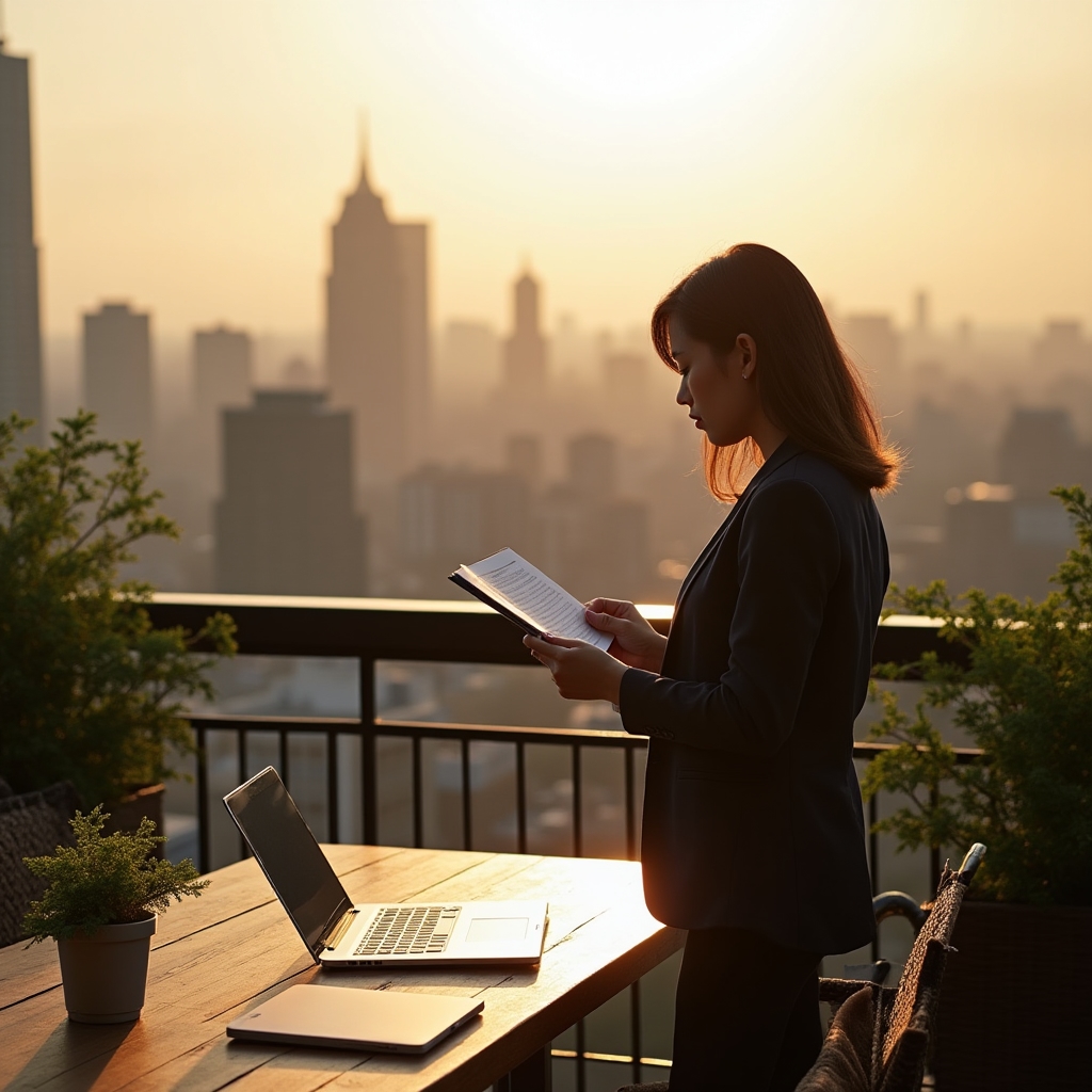 Team member reviewing notes on a rooftop terrace workspace above the city