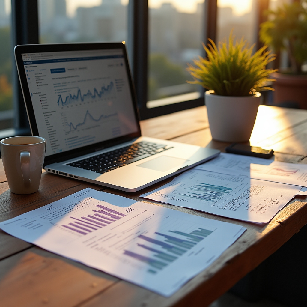 Editorial workspace with search analytics and notes spread across a desk, viewed from above