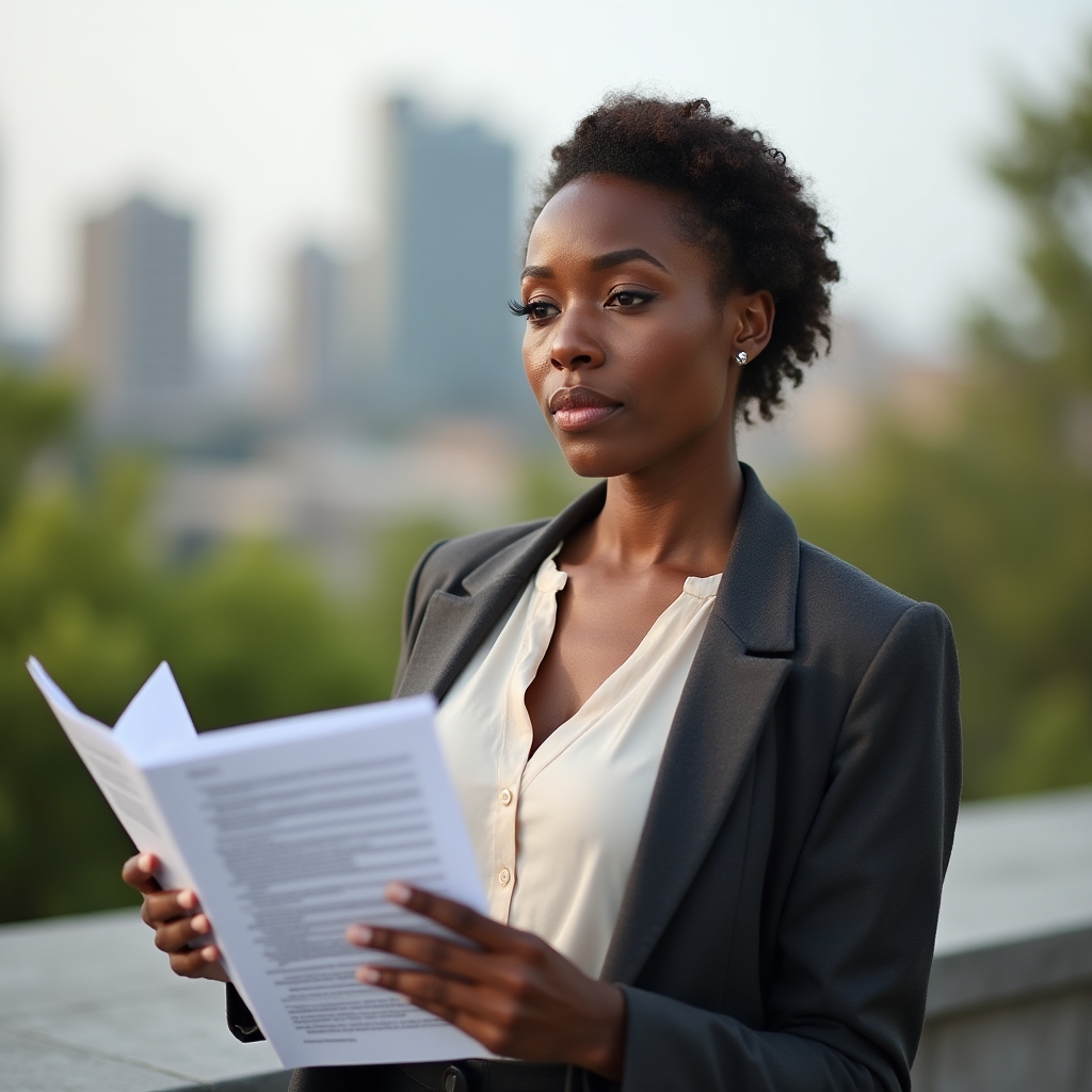 Editorial lead reviewing search policy documents at an outdoor workspace