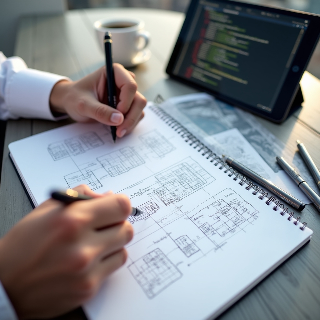 Notebook with schema markup diagrams and structured data sketches on an outdoor table