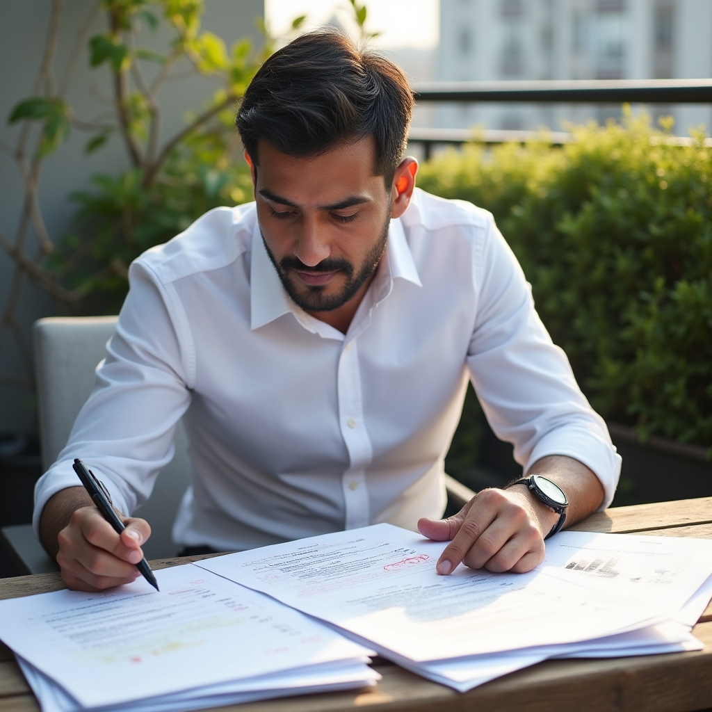 Researcher annotating printed search result pages at an outdoor table